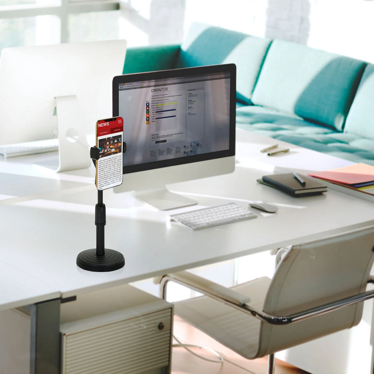 Black FLEXMOBI II mobile phone & tablet holder on a white desk next to a monitor by hjh OFFICE