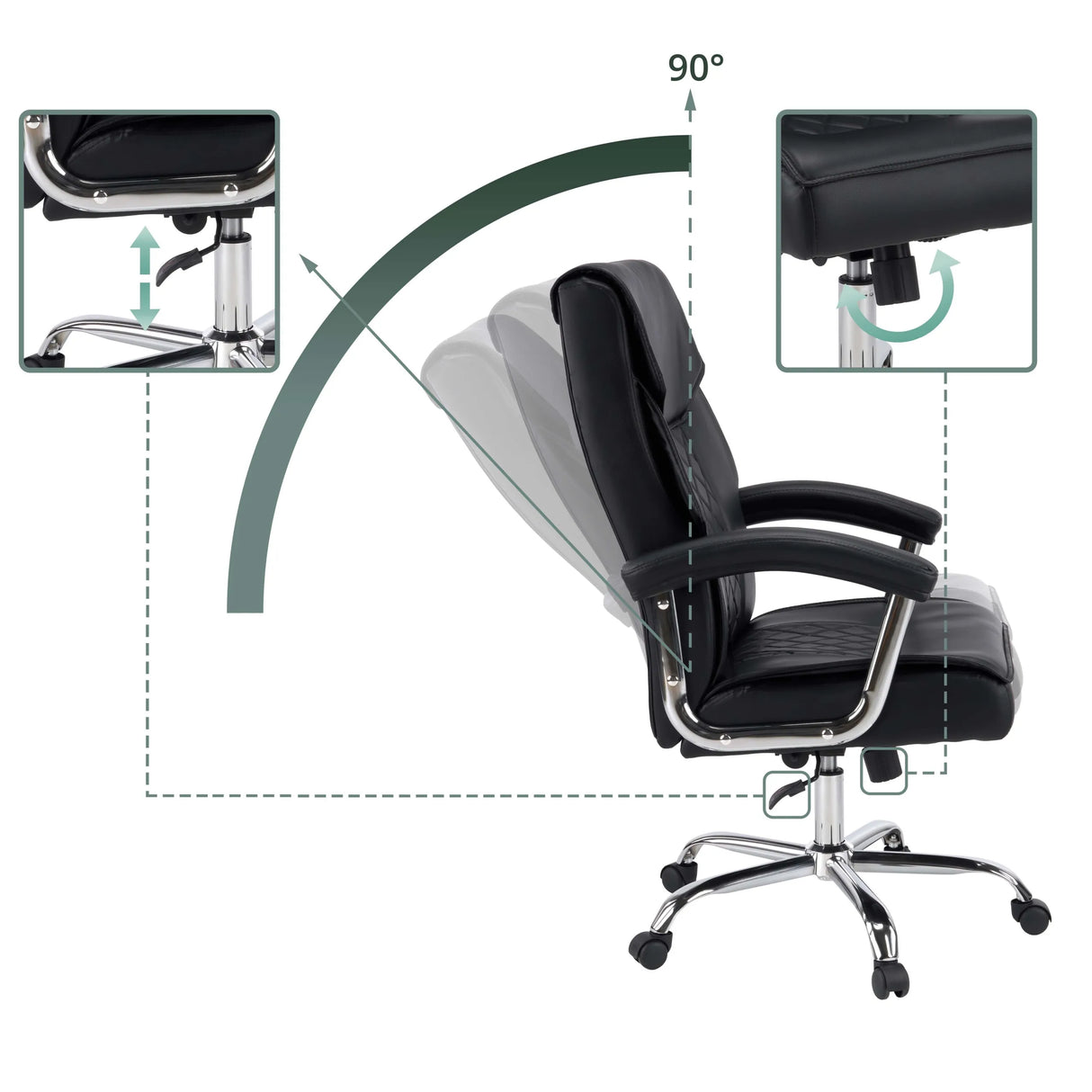 Height adjustment and 90 degree tilt function of the Relax Prestio Home Office Chair in black by MyBuero