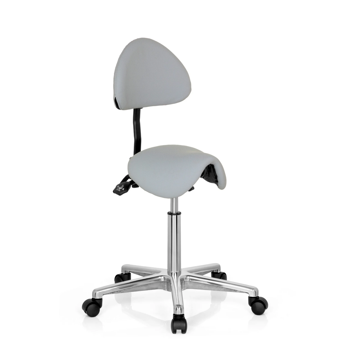 Grey Saddle stool TOP WORK 20 with backrest and five-caster base by hjh OFFICE – 360-degree view (front three-quarter view 40°)
