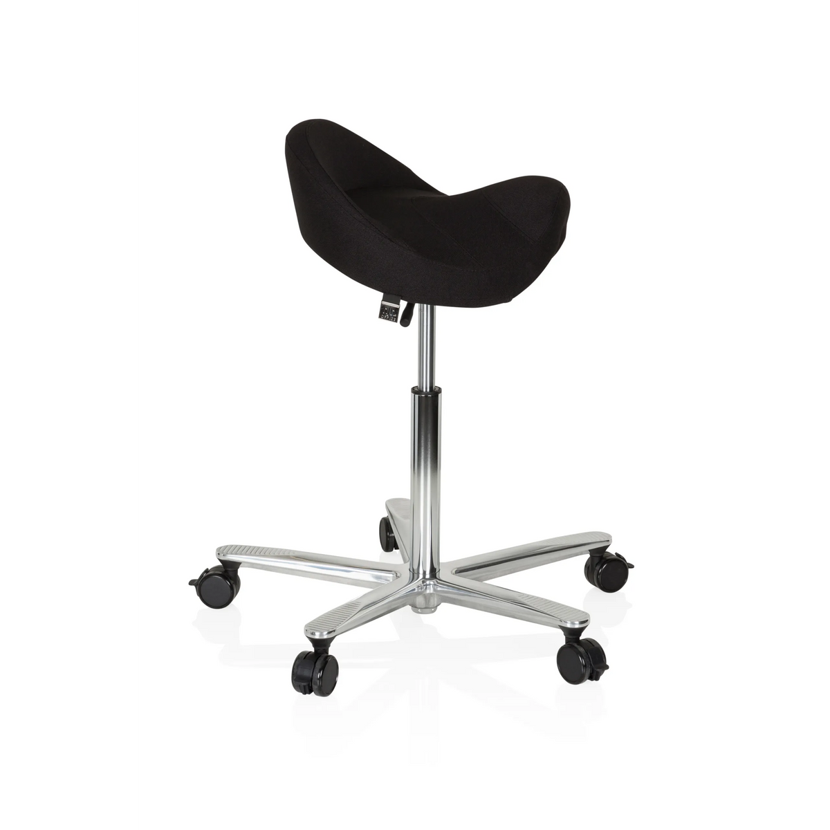 Black Saddle stool MOVE-TEC 3D PRO I with a five-caster star base by hjh OFFICE – 360-degree view (side profile 80°)