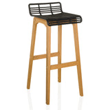 Bar stool LONSO W with black seat shell and oak wood frame by hjh OFFICE – 360-degree view (front three-quarter view 30°)