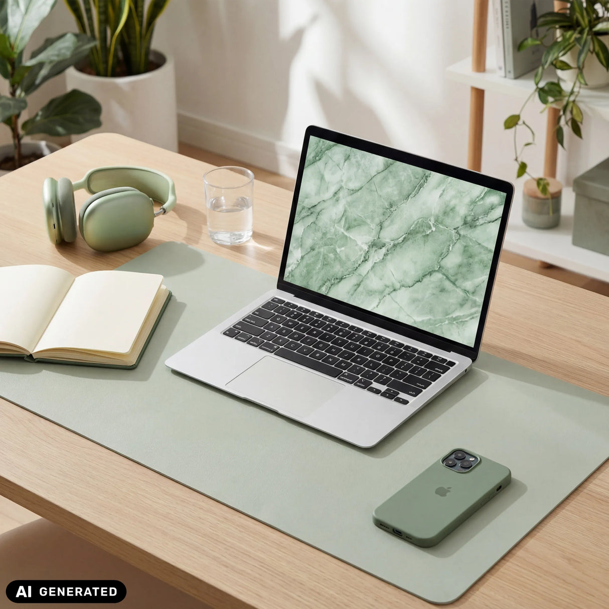 Light green Padflux Clean desk pad on a wooden table with a laptop and accessories by hjh OFFICE (AI-generated image)