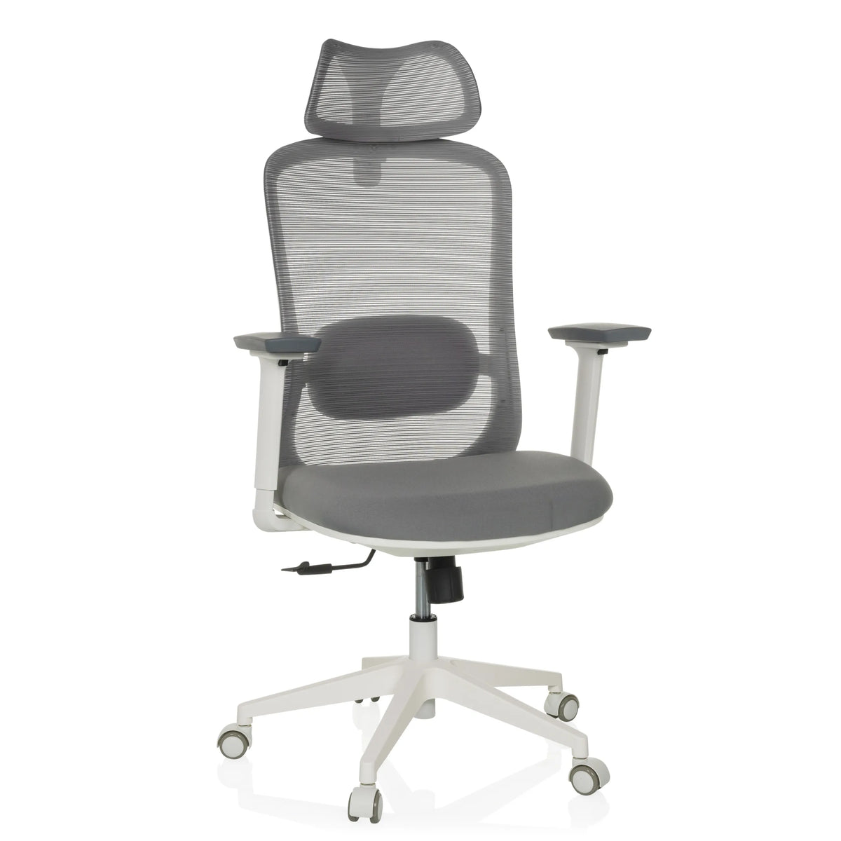 Grey Professional Office Chair MIKEO G with mesh back, headrest and five-caster base by hjh OFFICE – 360-degree view (front view 15°)