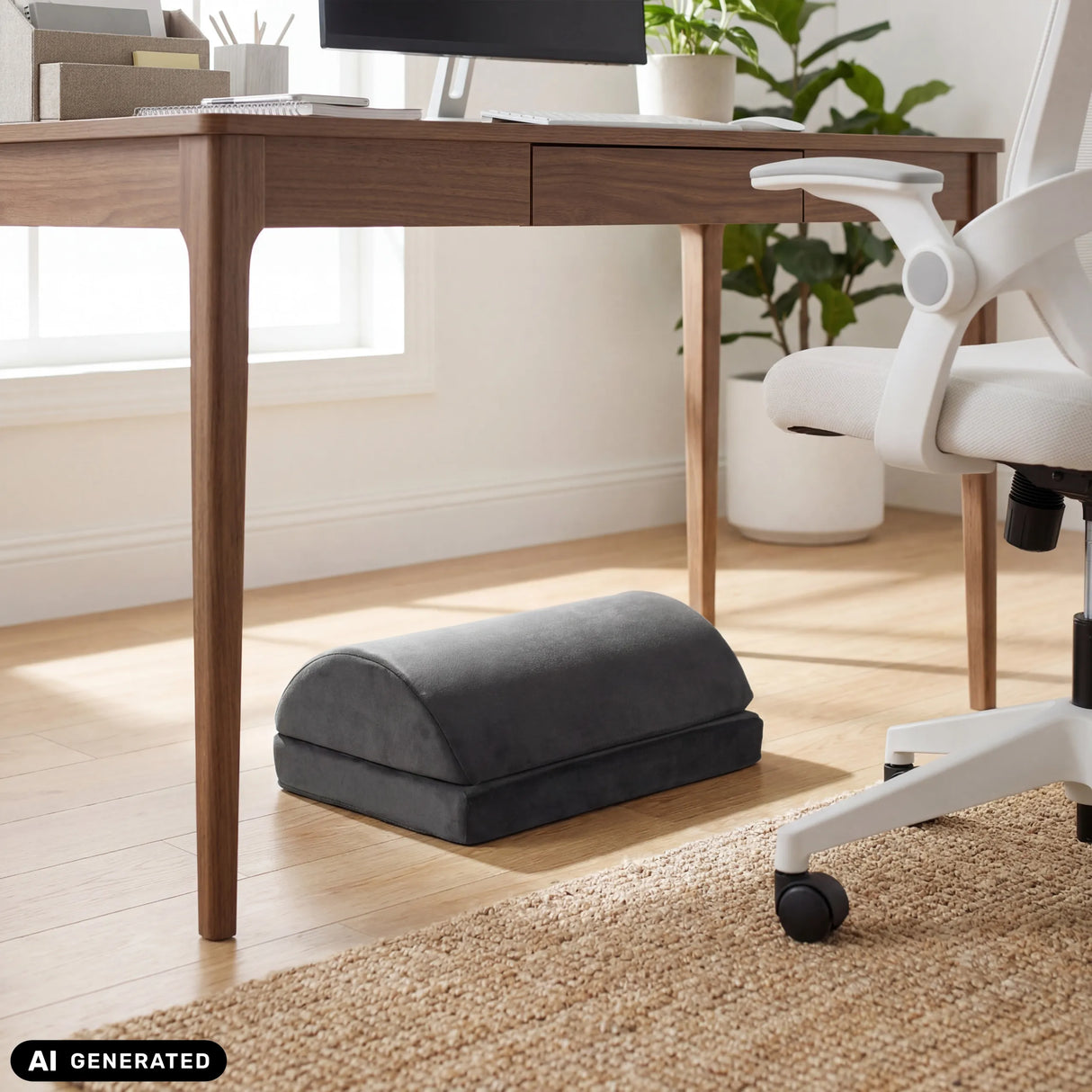 Black Podi Velvet 1 footrest under a desk by hjh OFFICE (AI-generated image)