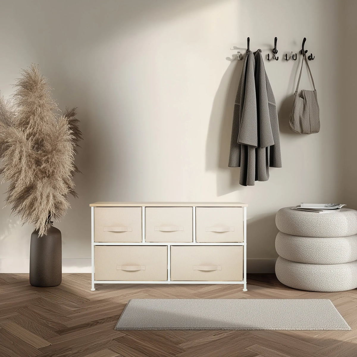 Beige Chest of drawers FOLDAR with five fabric drawers and a white frame by hjh LIVING