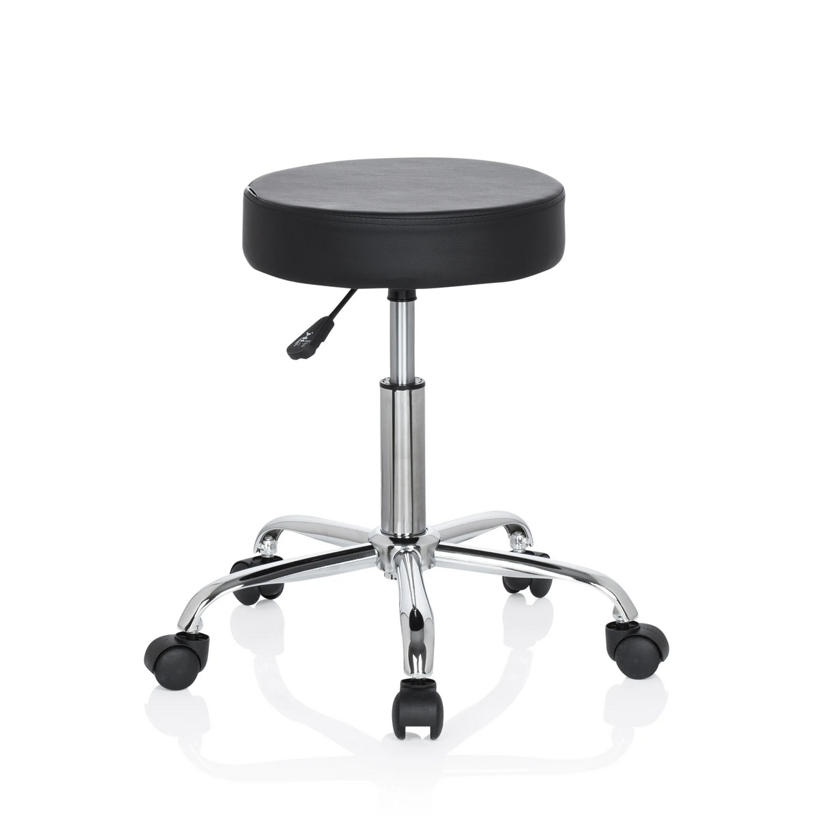 Black Swivel stool OPERATOR II with gas spring and five-caster base by hjh OFFICE – 360-degree view (front three-quarter view 40°)