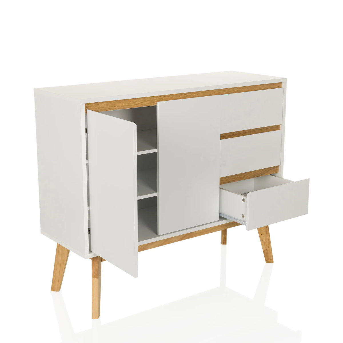 White Sideboard TAROLO I with an open door and one drawer on wooden legs by hjh LIVING