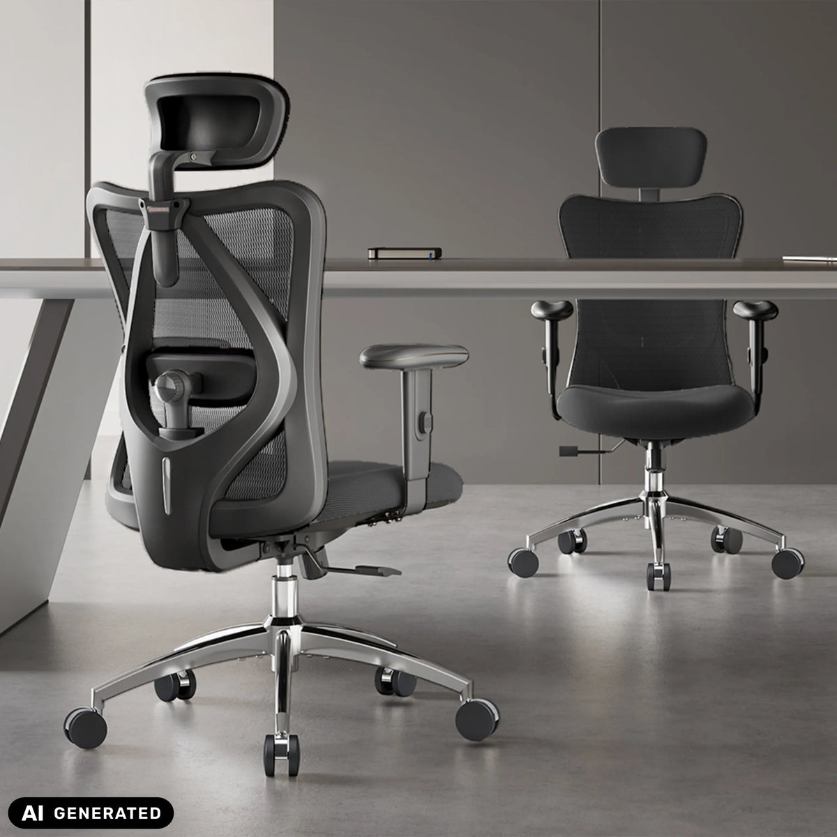 Rear view of a M18-M148 professional office chair in black with mesh back and headrest by Sihoo (AI-generated image)