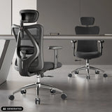 Rear view of a M18-M148 professional office chair in black with mesh back and headrest by Sihoo (AI-generated image)