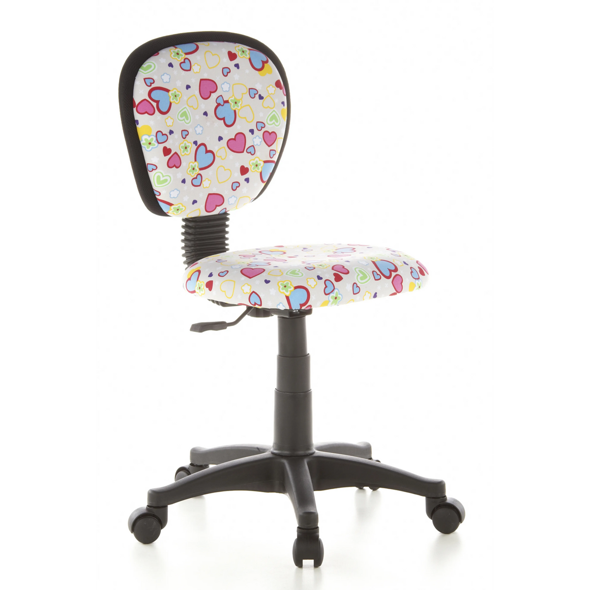 Swivel Chair – Children KIDDY TOP with colourful heart and flower pattern and five-caster base by hjh OFFICE – 360-degree view (front three-quarter view 40°)
