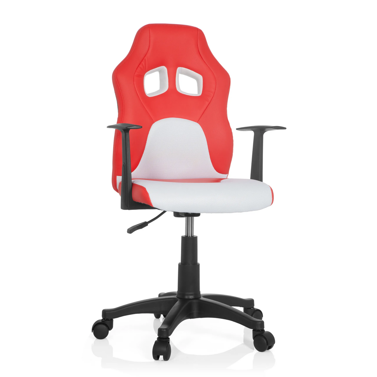 Red and white TEEN GAME AL swivel chair for children with armrests and black five-caster base by hjh OFFICE – 360-degree view (front view 20°)