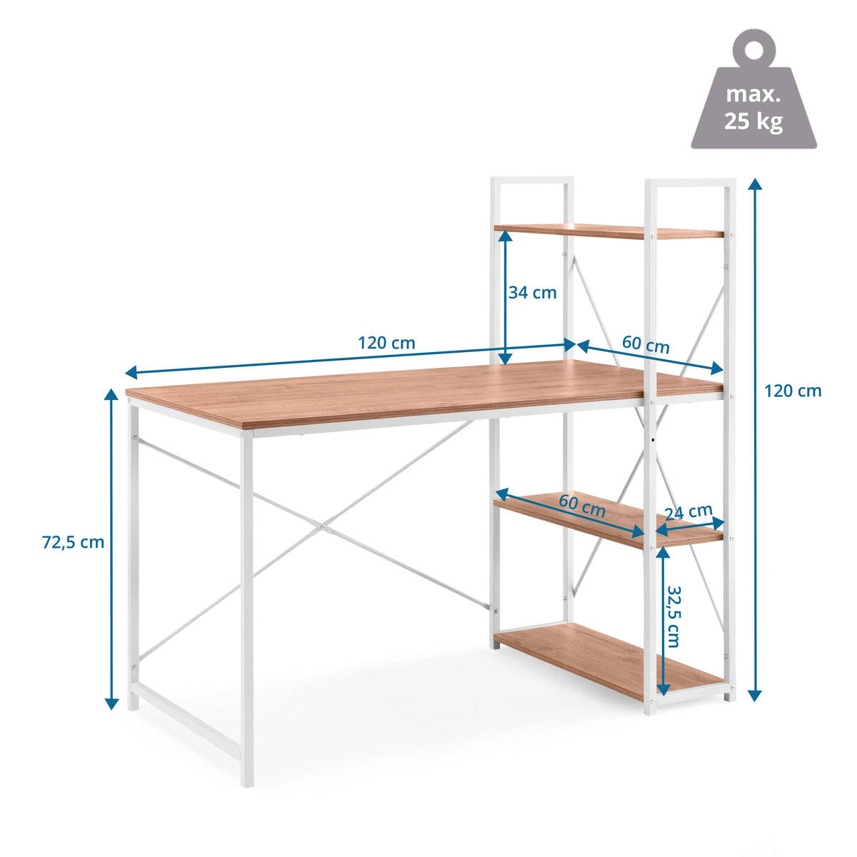 Dimensional drawing of the Easy Up3 office desk with 120 × 60 cm and a total height of 120 cm by hjh LIVING