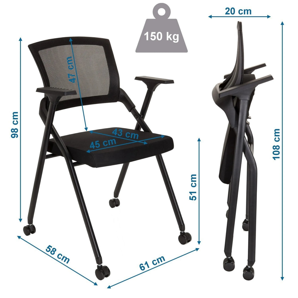 Dimensional drawing of the Folding chair PRIORITY II with a height of 98 cm and 150 kg load capacity by hjh OFFICE