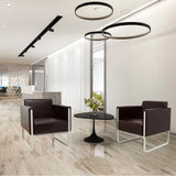 Two brown ARUBA upholstered armchairs with silver-coloured metal frames and a round side table by hjh OFFICE