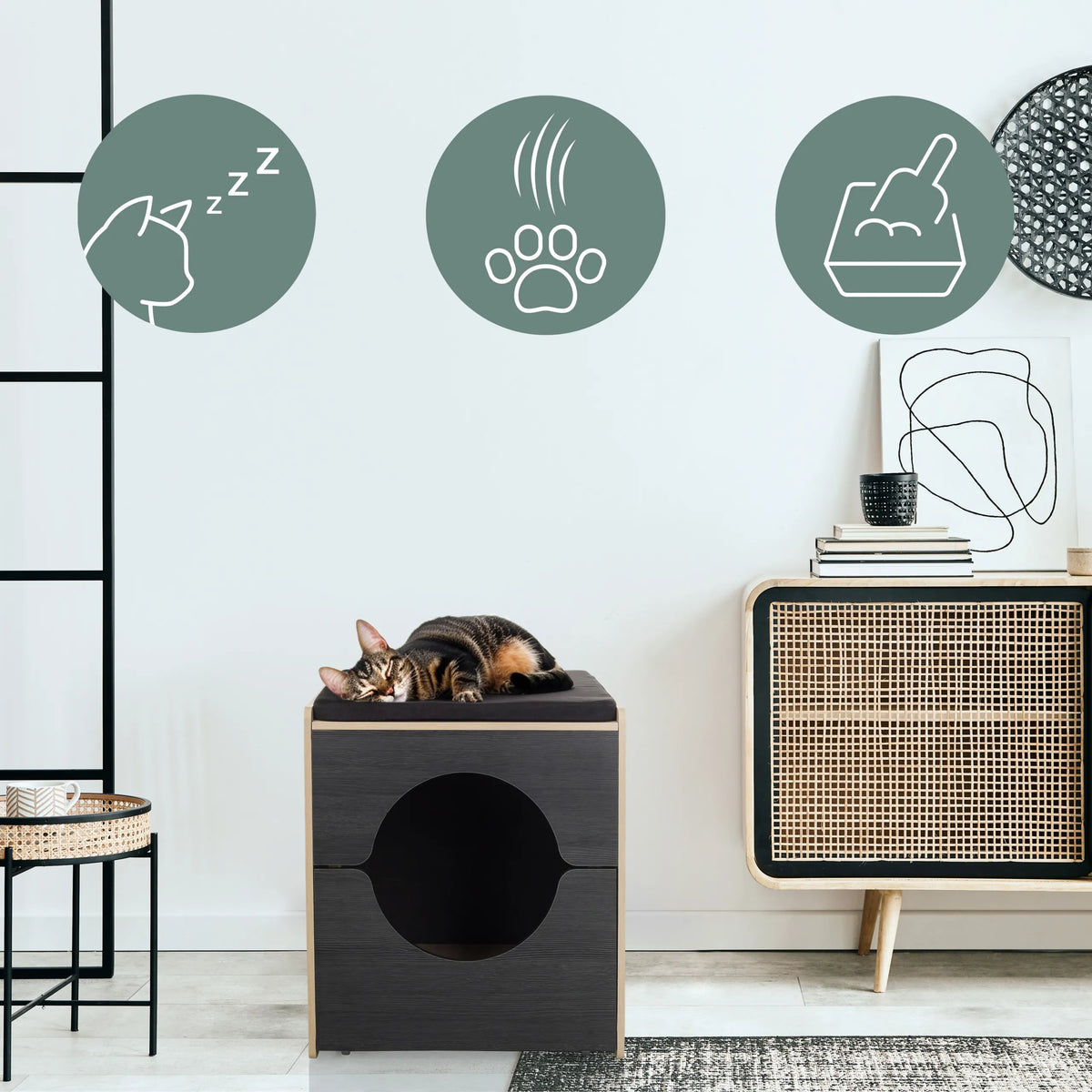Cat house KITTY PAWBOX 2 in black and oak with a sleeping cat and three function symbols by hjh LIVING