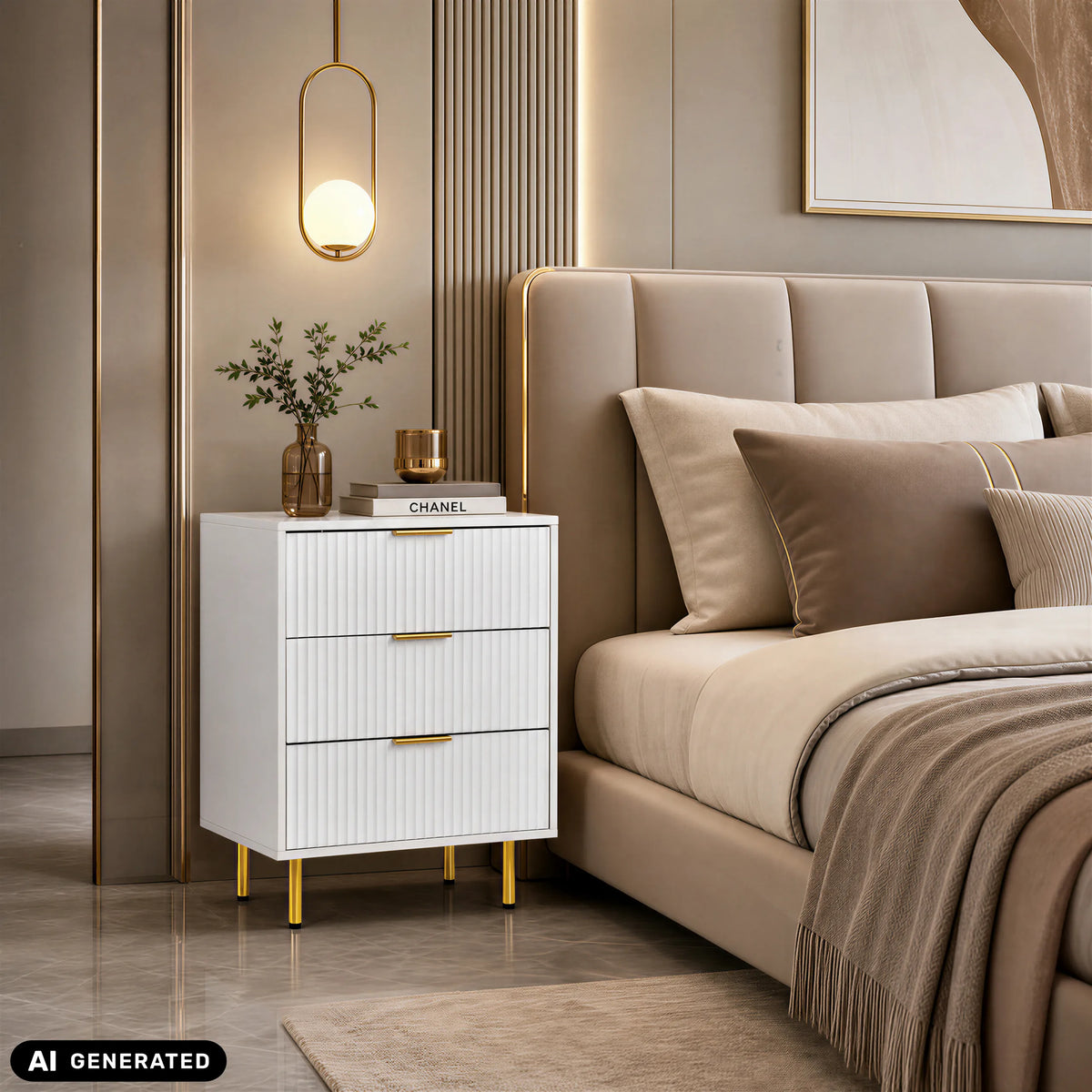 White Hjelle K chest of drawers with three drawers and golden feet by hjh LIVING (AI-generated image)
