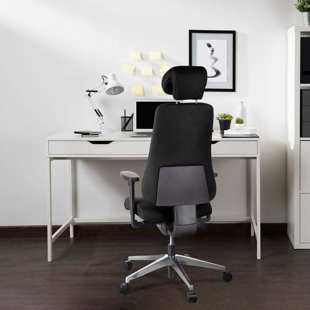 Rear view of the Professional Office Chair PRO-TEC 400 in black with headrest and armrests by hjh OFFICE
