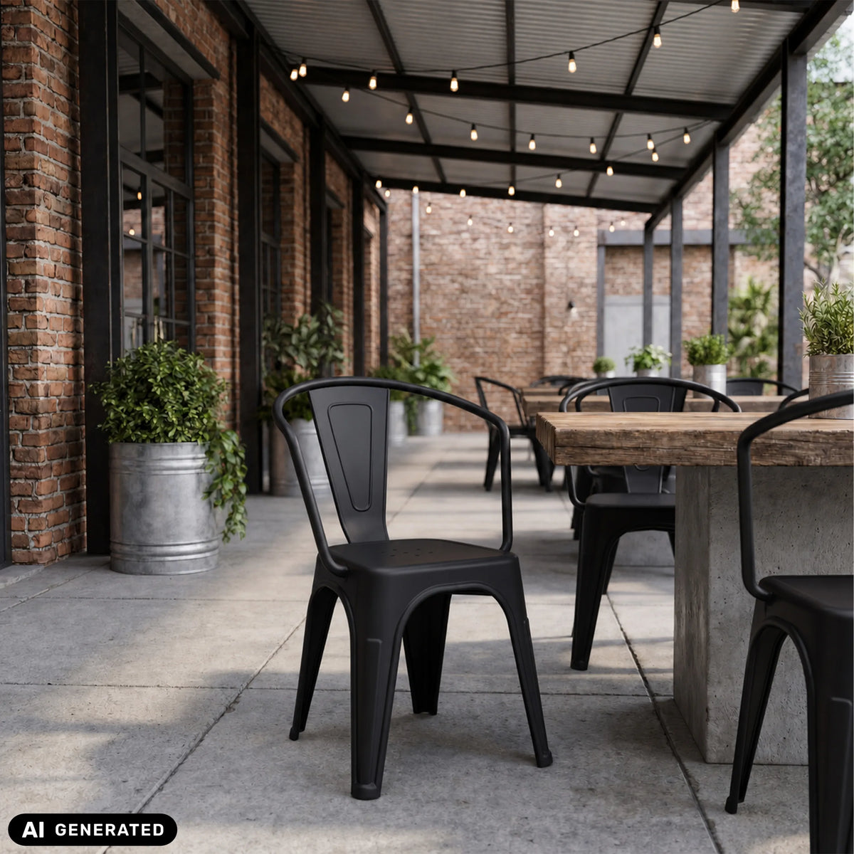 Black Vantaggio Poly bistro chairs at a wooden table outdoors by hjh OFFICE (AI-generated image)