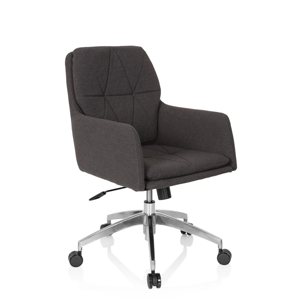 Dunkelgrauer Homeoffice-Bürostuhl SHAKE 350 mit Steppmuster und Fußkreuz mit fünf Rollen von hjh OFFICE – 360-Grad-Ansicht (schräge Frontansicht 40°)