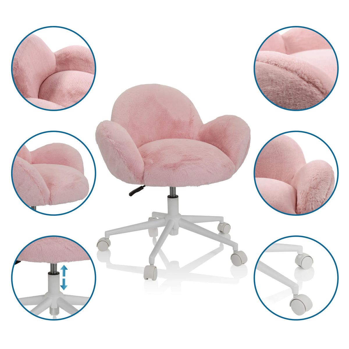 Pink Swivel Chair – Children KID TEDDY with fluffy cover, white base and castors by hjh OFFICE
