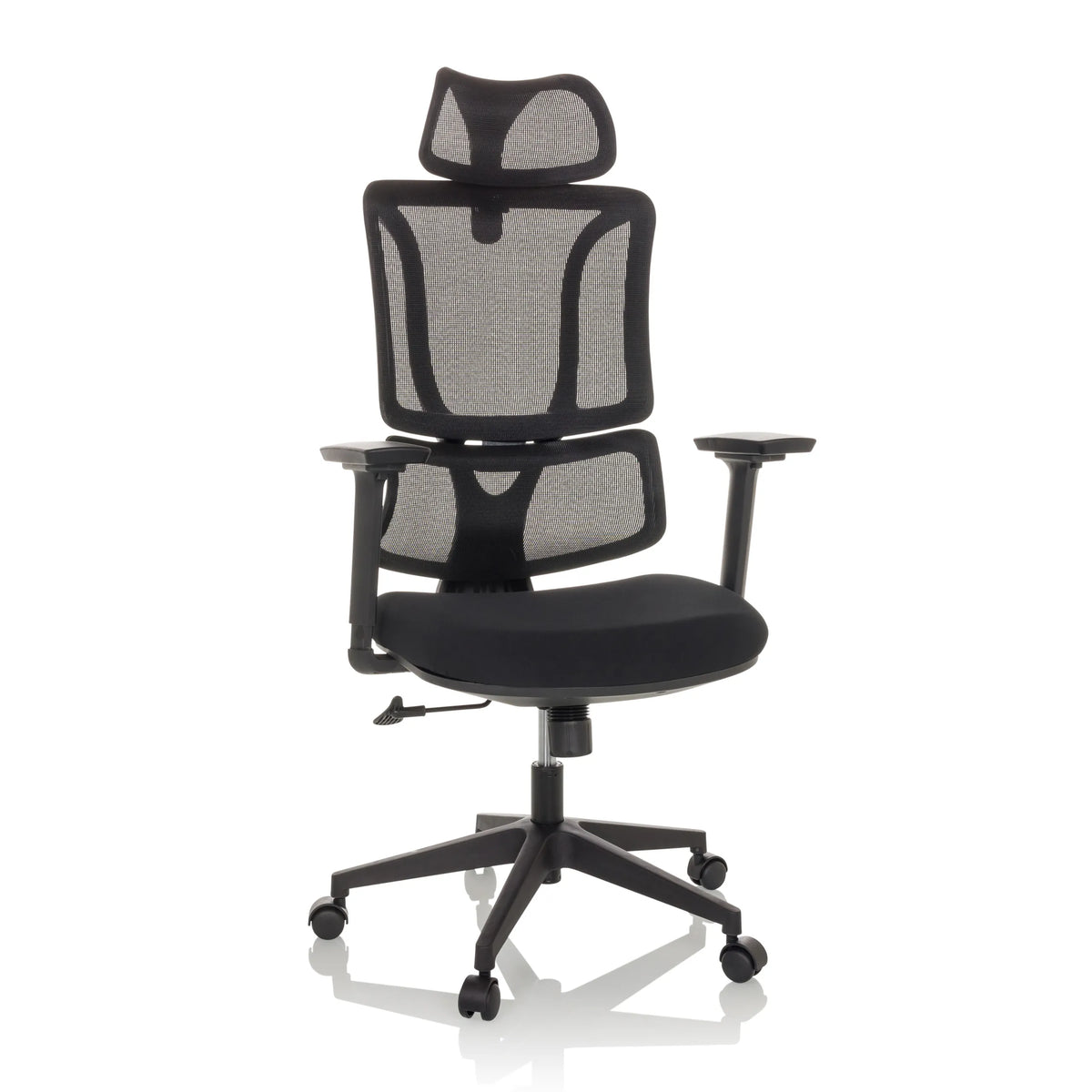 Black Home Office Chair ERGOMY with mesh back and five-caster base by MyBuero – 360-degree view (front view 15°)