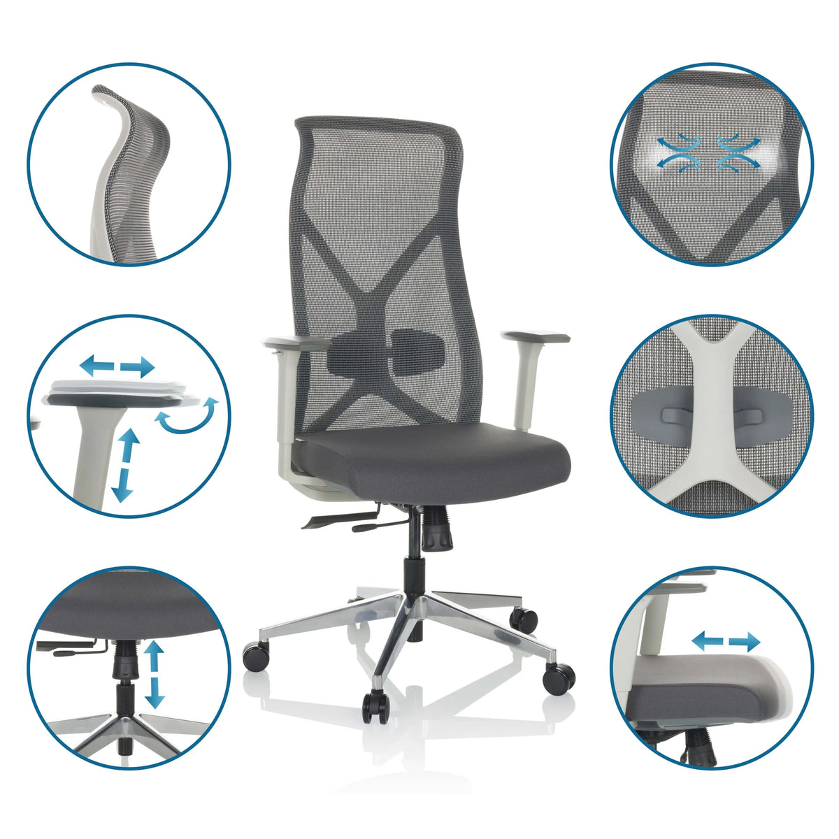 Professional Office Chair AZURRO WHITE in grey with various detailed views of the adjustment options by hjh OFFICE