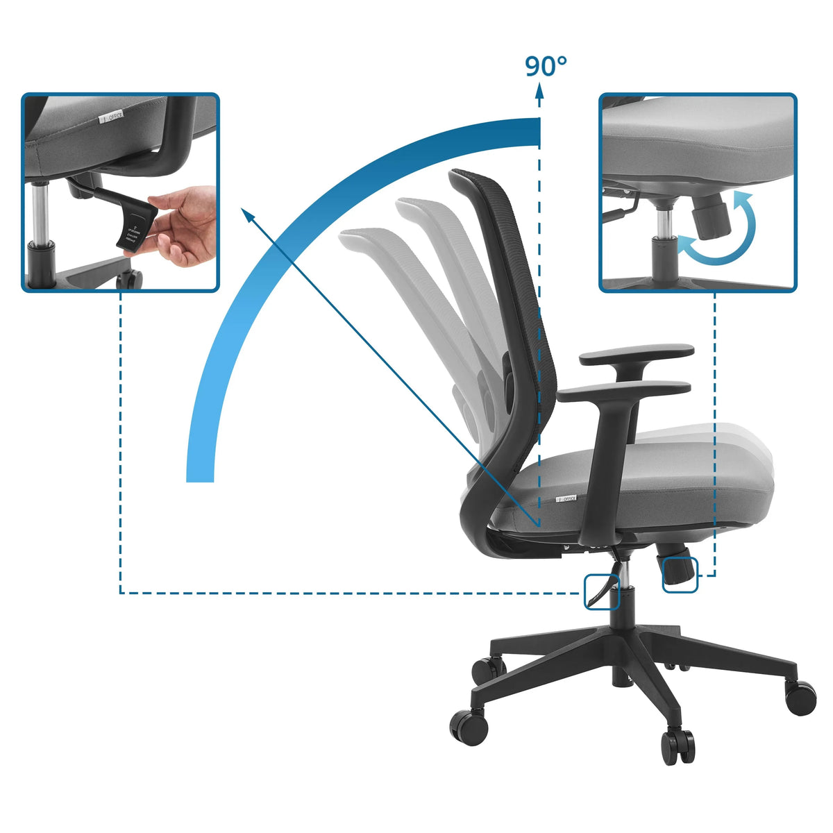 90 degree reclining backrest and height adjustment of the Home Office Chair Sedito by hjh OFFICE