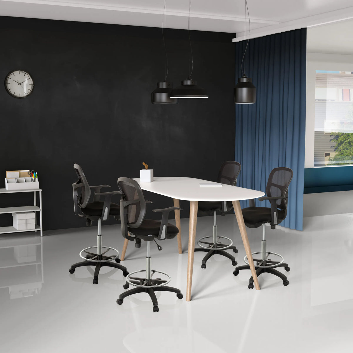 Four black Counter chairs TOP WORK 108 with footrests at a white oval table by hjh OFFICE
