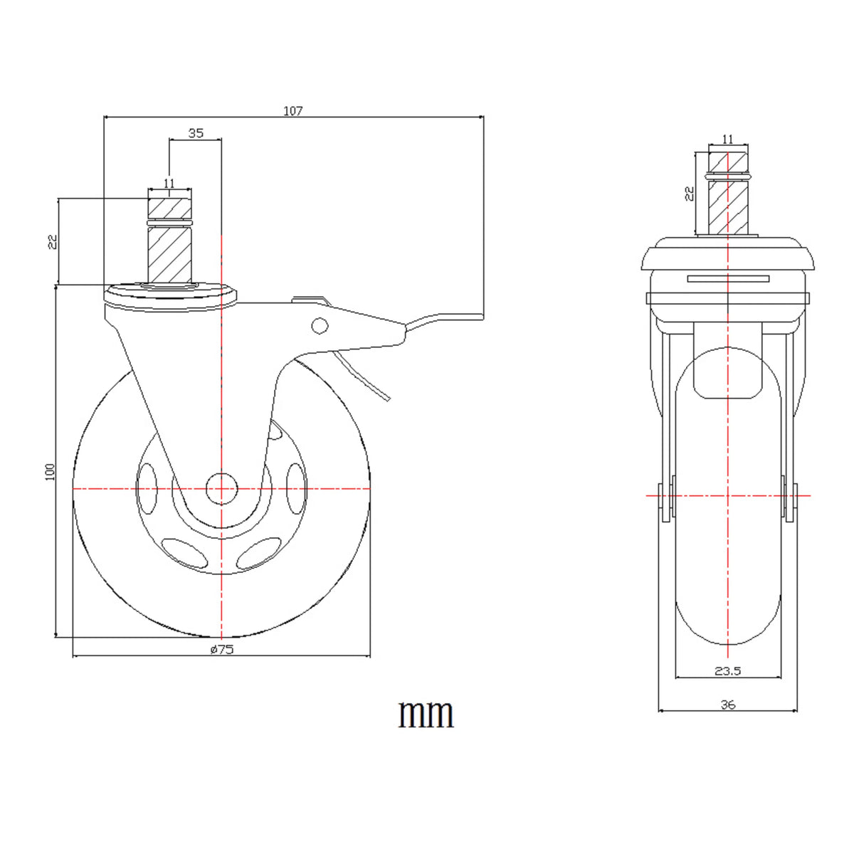 Technical drawing of the Castors 5x ROLO SKATE S 11mm/75mm with a diameter of 75 mm by hjh OFFICE