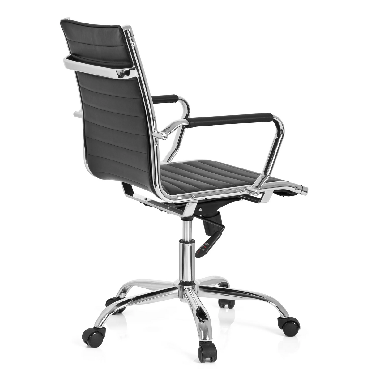 Black Professional Executive Chair VEMONA 10 with horizontal quilting and five-caster base by hjh OFFICE – 360-degree view (rear three-quarter view 120°)