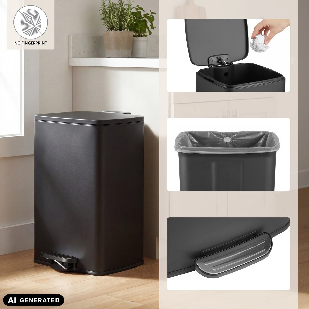 Black Clean Step 3 wastepaper bin with foot pedal and bin liner holder by hjh OFFICE (AI-generated image)