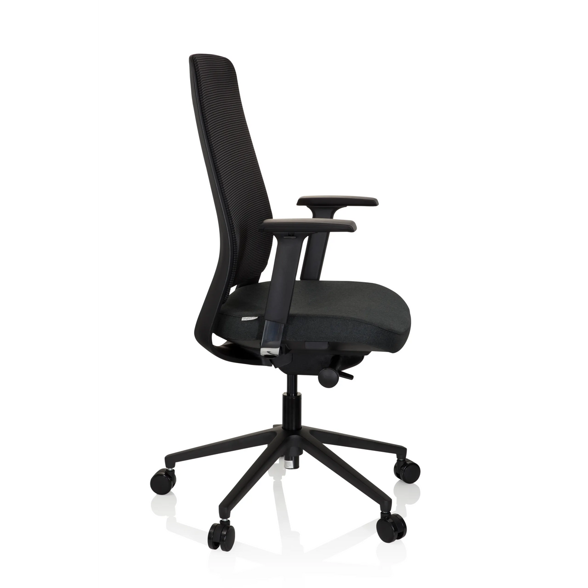 Black Professional Office Chair CHIARO T1 BLACK with mesh back and five-caster base by hjh OFFICE – 360-degree view (side profile 80°)