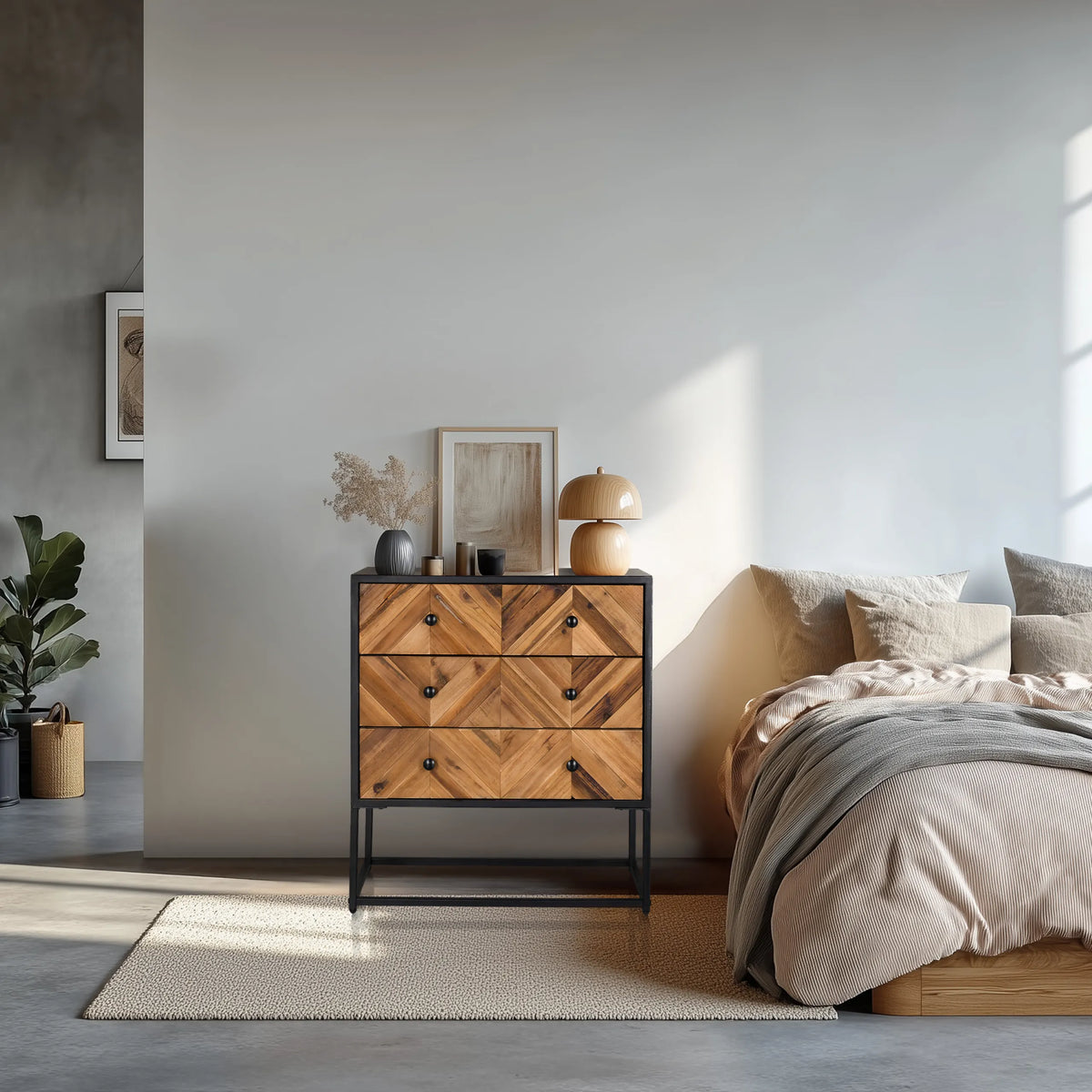 Sideboard SANTJAGO BLACK SUN L in dark brown wood look with three drawers and black metal frame by hjh LIVING