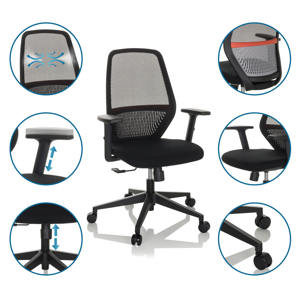 Professional Office Chair CARLOW I in black with mesh backrest, adjustable armrests and castors by hjh OFFICE