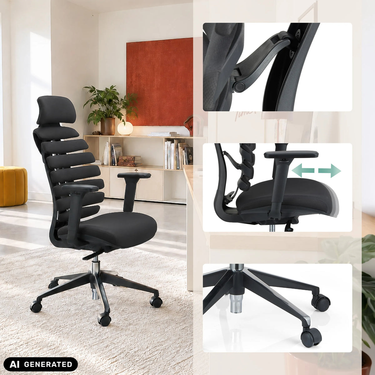 Professional Office Chair ERGO LINE II PRO in black with adjustable armrests and a five-star base with castors by hjh OFFICE