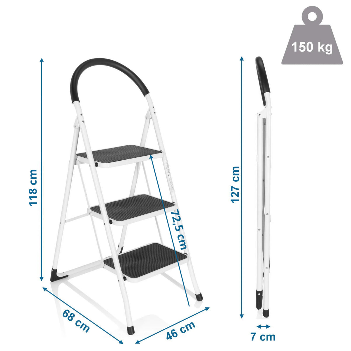 Dimensional view of the Folding Ladder SOLID W2 with a height of 118 cm and a load capacity of 150 kg by hjh OFFICE
