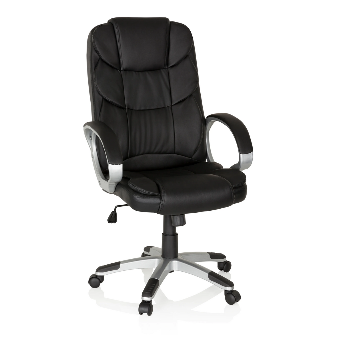 Schwarzer Homeoffice Chefsessel RELAX BY155 mit Armlehnen und Fußkreuz mit fünf Rollen von MyBuero – 360-Grad-Ansicht (Frontansicht 20°)