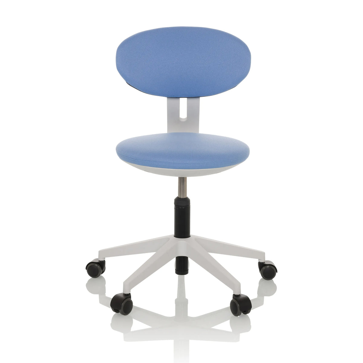 Blue Swivel Chair – Children MINIMOVO with white base and five castors by hjh OFFICE – 360-degree view (front view 0°)