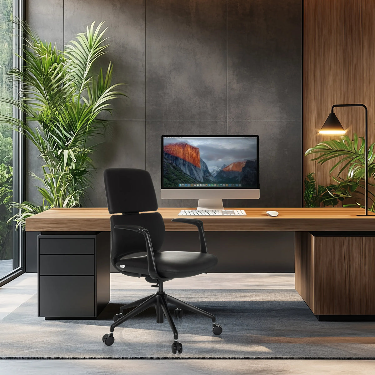 Black Professional Office Chair ATMOS DESIGNER with armrests and castors at a desk by hjh OFFICE