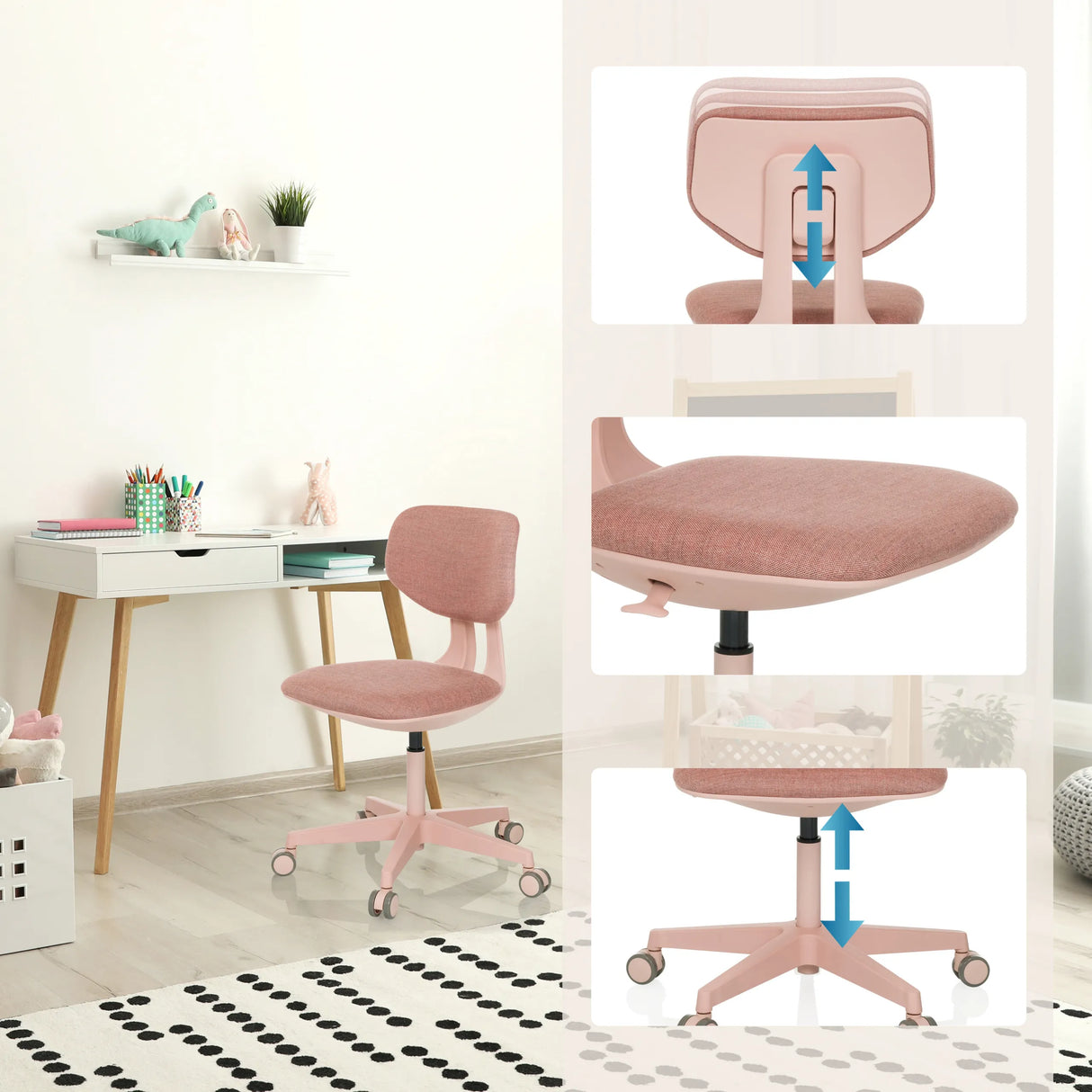 Height-adjustable backrest and seat of the Swivel Chair – Children KID COLORE in pink by hjh OFFICE