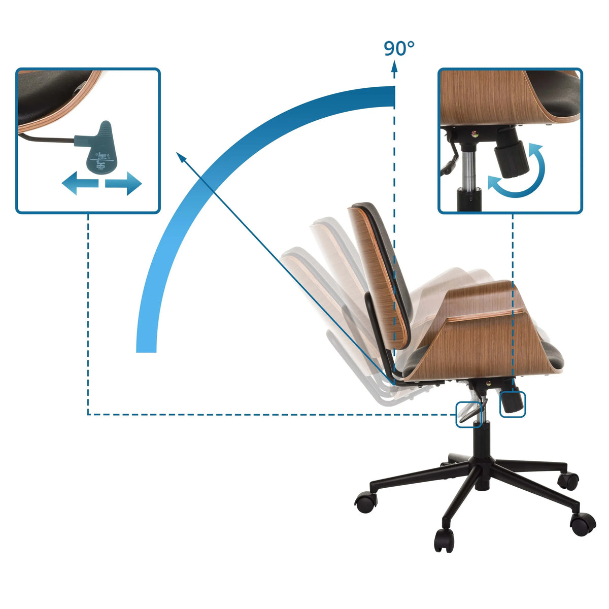 Tilt adjustment up to 90 degrees and control lever of the CENCA II Home Office Chair by hjh LIVING