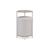 Nestup 1 side table in white and oak with round tabletop and integrated upholstered stool by hjh LIVING – 360-degree view (front view 0°)