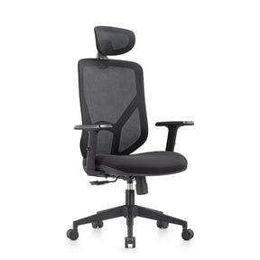 Home Office Chair BLACORE in black with mesh backrest, headrest and armrests by MyBuero