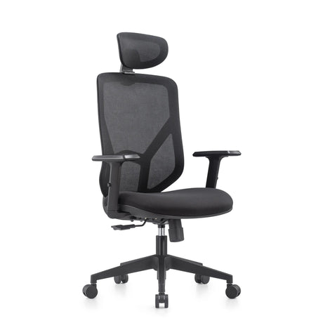Home Office Chair BLACORE in black with mesh backrest, headrest and armrests by MyBuero