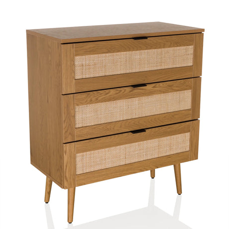 Chest of drawers BOHEO K made of oak with three drawers and Vienna rattan fronts by hjh LIVING