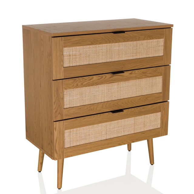Chest of drawers BOHEO K made of oak with three drawers and Vienna rattan fronts by hjh LIVING