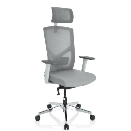 Professional Office Chair BRETON PRO W in grey with mesh back, headrest and silver star base by hjh OFFICE
