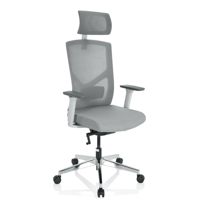 Professional Office Chair BRETON PRO W in grey with mesh back, headrest and silver star base by hjh OFFICE