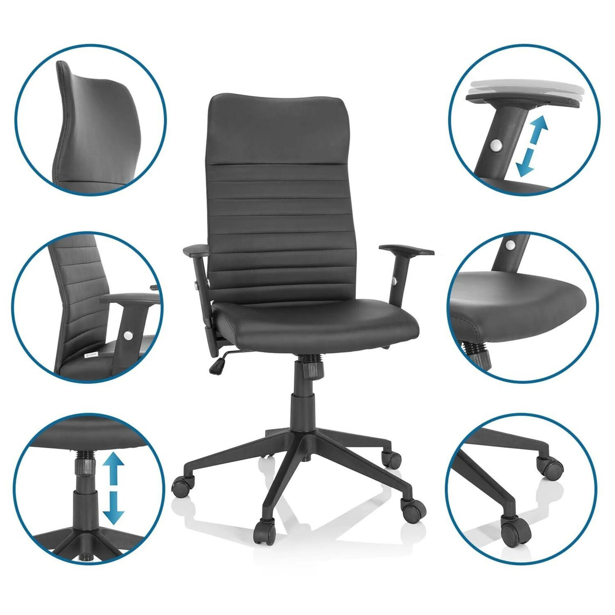 Black Home Office Chair ARTON 30 with detailed views of the height adjustment and the castors by hjh OFFICE
