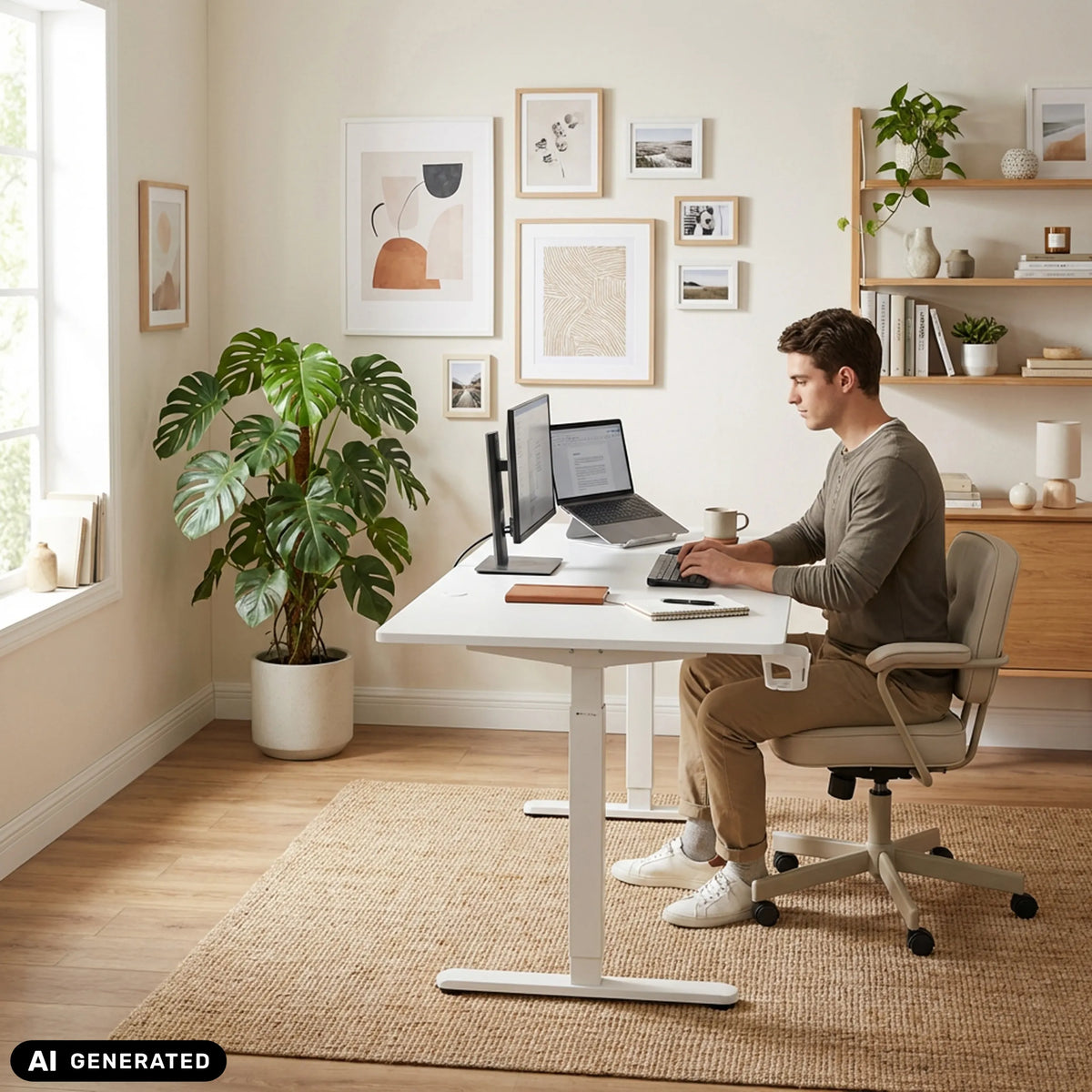 Electronic height-adjustable desk Worktime in white with monitor and laptop by hjh OFFICE (AI-generated image)